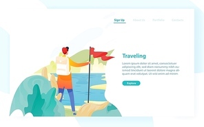 Web banner template with backpacker, hiker, traveller or explorer and place for text. Hiking, backpacking, trekking, adventure tourism and travel. Modern flat vector illustration for advertisement