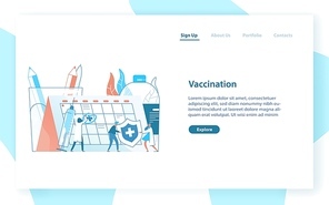 Web page template with tiny doctors or physicians, giant syringe with vaccine and calendar or timetable. Vaccination awareness and healthcare service. Flat vector illustration for advertisement.