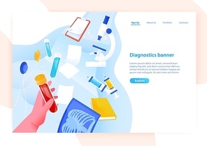 Web banner template with hand holding test tube with blood, medical laboratory tools and place for text. Colored vector illustration in flat style for clinical diagnostics center or lab advertisement