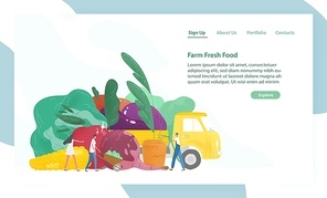 Website template with giant vegetables, truck and tiny people or farmers. Organic fresh food. Agriculture or farm market, festival or fair. Flat colorful vector illustration for event advertisement