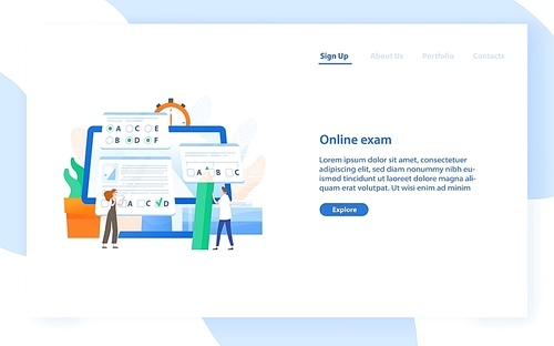 Web banner template with giant computer and tiny students passing internet test. Online exam, distant learning or education. Modern flat vector illustration for educational service promotion