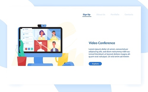 Web banner template with desktop computer with colleagues taking part in video conference. Software for videoconferencing and online communication. Modern flat vector illustration for website