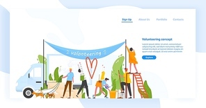 Website template with group of men and women volunteering, doing volunteer work or performing altruistic activities together. Modern flat vector illustration for charity organization advertisement