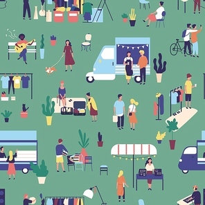 Seamless pattern with garage sale, outdoor festival, summer fair. Backdrop with food trucks, people walking, buying and selling goods in park. Flat cartoon vector illustration for wrapping paper