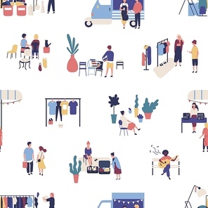 Seamless pattern with summer garage sale, street flea market or rag fair. Backdrop with people buying and selling goods outdoors. Flat cartoon vector illustration for wallpaper, textile print