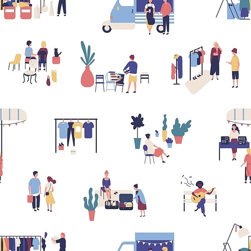Seamless pattern with summer garage sale, street flea market or rag fair. Backdrop with people buying and selling goods outdoors. Flat cartoon vector illustration for wallpaper, textile