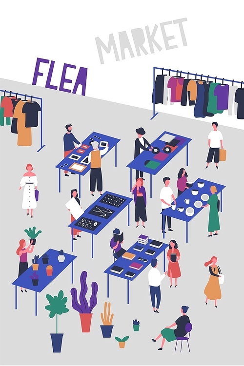 Flyer or poster template for flea or fashion market, rag fair with buyers and sellers of vinyl records, jewelry, books, plants, stylish clothing. Colorful vector illustration in flat cartoon style.