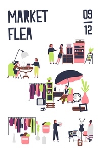 Poster template for flea market or rag fair with buyers and sellers of accessories, vintage furnishings, stylish clothing. Colored vector illustration in flat cartoon style for event announcement