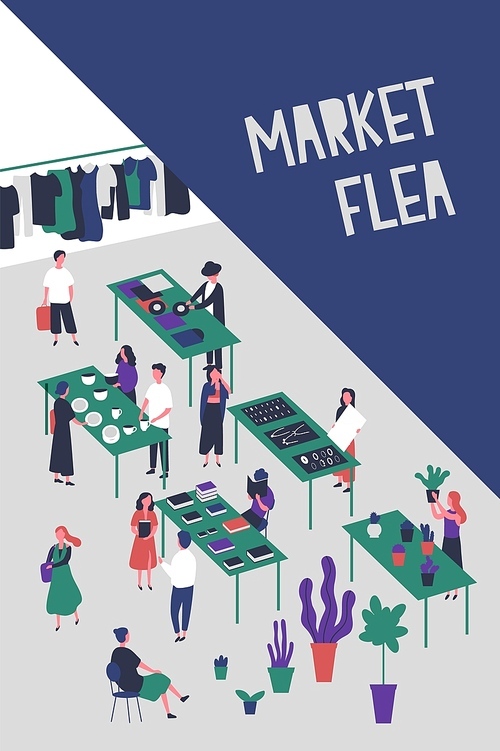 Flyer or poster template for flea market or rag fair with people selling design and fashion goods, vinyl records, accessories, trendy clothing. Colorful vector illustration in flat cartoon style