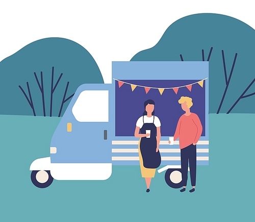 Cute young man and woman standing beside food truck, drinking coffee and talking to each other. Summer outdoor festival, creative market or fair, garage sale in park. Flat cartoon vector illustration