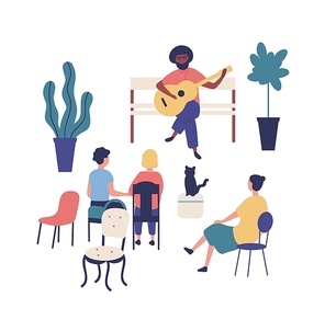 Street musician or guitarist sits on bench and plays guitar at park, people listen to music. Performer and audience or spectators at summer outdoor art festival. Flat cartoon vector illustration