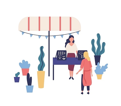Stall or counter with handmade jewelry or bijouterie, female seller and customer at summer outdoor festival, creative market or fair. Garage sale in park. Flat colorful cartoon vector illustration