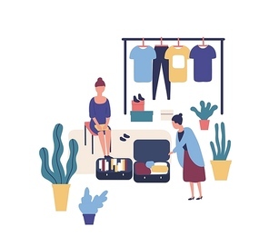 Woman selling stylish vintage clothes at garage sale. Cute funny female seller and customer at summer outdoor fashion festival, flea market or rag fair. Flat colorful cartoon vector illustration