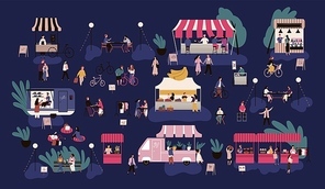 Night market or nighttime outdoor fair. Men and women walking between stalls or kiosks, buying goods, eating street food, talking to each other. Colorful vector illustration in flat cartoon style