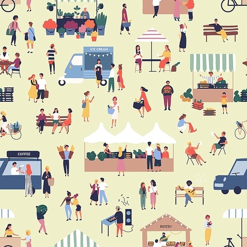 Seamless pattern with people buying and selling goods at street food seasonal market. Backdrop with men and women walking between stalls or kiosks at outdoor fair. Flat cartoon vector illustration