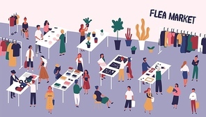 Flea or fashion market, rag fair with people walking among counters and buying vinyl records, old books, vintage clothes, jewelry, ceramics. Colorful vector illustration in flat cartoon style