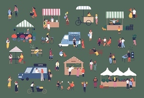 Outdoor fair, market or street food festival. Men and women walking between stalls, kiosks and vans, buying products, talking to each other. Colorful vector illustration in flat cartoon style