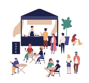 Outdoor cafe and cute funny people walking beside it, sitting at tables, drinking coffee and talking to each other. Street food festival, summer open air event. Flat cartoon vector illustration