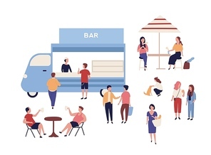 Van and funny people walking beside it, sitting at tables, drinking coffee and talking to each other. Outdoor street food festival, open air event, summer market. Flat cartoon vector illustration