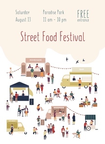 Flyer or invitation template for summer street food festival with people walking among vans or stalls, buying homemade meals, eating and drinking. Vector illustration for outdoor event advertisement