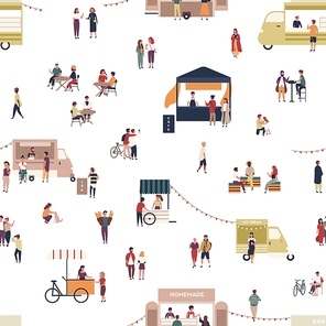 Seamless pattern with people walking among trucks or stalls, buying homemade meals, eating and drinking at outdoor cafe, street food festival. Flat cartoon vector illustration for textile print