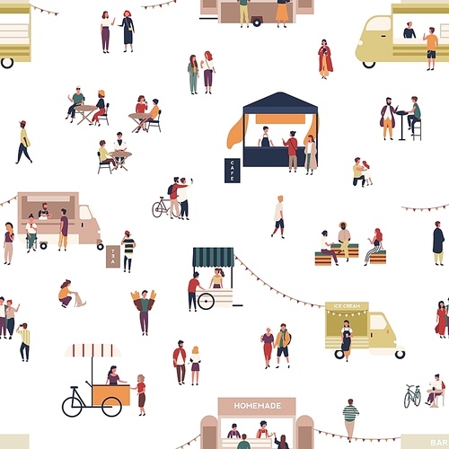 Seamless pattern with people walking among trucks or stalls, buying homemade meals, eating and drinking at outdoor cafe, street food festival. Flat cartoon vector illustration for textile