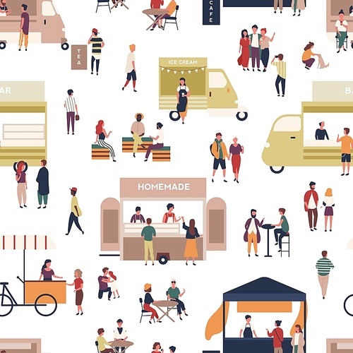 Seamless pattern with people walking among vans and kiosks, buying homemade meals, eating and drinking at summer street food festival. Flat vector illustration for wrapping paper, fabric