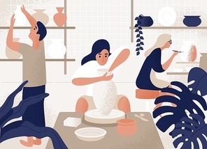 Men and women making and decorating pots, earthenware, crockery and other ceramics at pottery workshop. Group of people enjoying their hobby. Colorful vector illustration in flat cartoon style.