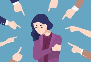 Sad or depressed young woman surrounded by hands with index fingers pointing at her. Concept of quilt, accusation, public censure and victim blaming. Flat cartoon colorful vector illustration.