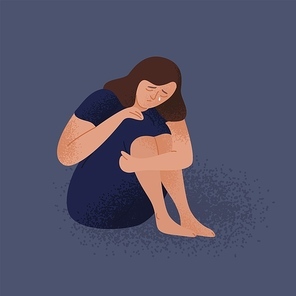 Sad crying lonely young woman sitting on floor. Depressed unhappy girl. Female character in depression, sorrow, sadness. Mental disorder or illness. Colorful vector illustration in flat cartoon style