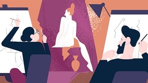 Naked model posing for male and female artists while they sitting at easels and drawing her. Art school, studio or class, artistic work. Colorful vector illustration in modern flat cartoon style