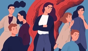 Angry young woman among people not willing to talk to her. Concept of communication problem with unpleasant arrogant annoying selfish person. Colorful vector illustration in flat cartoon style