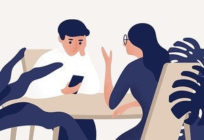 Couple sitting at table, woman talking to her partner, man looking at his smartphone. Estrangement in romantic relationship, emotional distancing. Colored vector illustration in flat cartoon style.