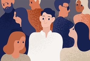 Happy and satisfied young man surrounded by depressed, unhappy, sad and angry people. Smiling person in crowd. Funny cheerful guy and society. Colorful vector illustration in flat cartoon style