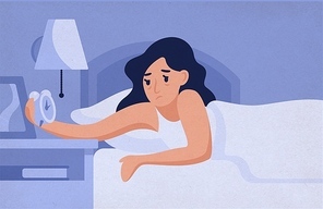 Sleepy woman lying on bed and looking at alarm clock at night. Female insomniac trying to fall asleep. Problem of insomnia, sleeplessness, sleep disorder. Vector illustration in flat cartoon style.
