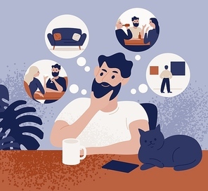 Thoughtful bearded man sitting at table and thinking of leisure or recreational activities to choose. Cute pensive guy and his pastime choice. Colorful vector illustration in flat cartoon style