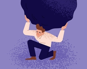Unhappy man carrying giant heavy boulder or stone. Concept of overburdened person, guy overloaded with difficult problem or task, boy withstanding adverse conditions. Modern flat vector illustration