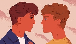 LGBT couple. Portrait of cute young men looking at each other. Pair of romantic partners on date. Homosexual relationship. Concept of love at first sight. Flat vector illustration for Valentine's Day