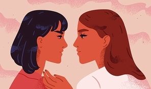 Lesbian couple. Portrait of adorable young women flirting with each other. Homosexual romantic partners on date. Concept of love, passion and homosexuality. Modern flat colorful vector illustration