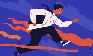 Smiling office worker or clerk jumping over barrier. Concept of person overcoming obstacles, withstanding adverse conditions and winning professional competition. Modern flat vector illustration