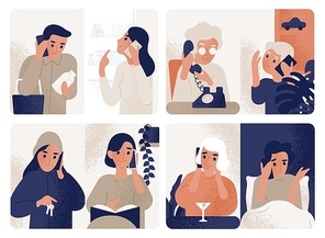 Collection of people talking on mobile phone. Bundle of men and women communicating through smartphone. Set of telephone conversations or dialogues. Colored vector illustration in modern flat style