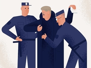 Two policemen dressed in uniform holding search male suspect or criminal. Man inspected by pair of police officers. Legal procedure, law enforcement. Flat cartoon characters. Vector illustration.