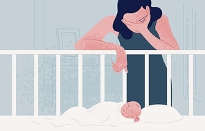 Sad tired woman leaning over newborn baby sleeping in crib and covering face with hand. Concept of postpartum or postnatal depression, mood disorder following childbirth. Flat vector illustration