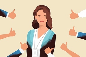 Smiling happy young woman surrounded by hands with thumbs up. Concept of public approval, acknowledgment, recognition, acceptance and appreciation. Colorful vector illustration in flat cartoon style