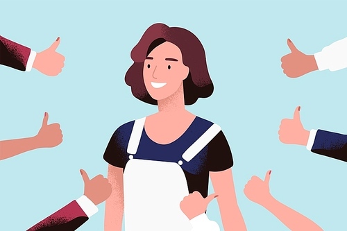 Cheerful young woman surrounded by hands with thumbs up. Concept of public approval, acknowledgment by audience, positive opinion, recognition. Colored vector illustration in flat cartoon style