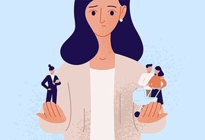 Woman choosing between family or parent responsibilities and career or professional success. Difficult choice, life dilemma, search of balance, decision making. Flat cartoon vector illustration