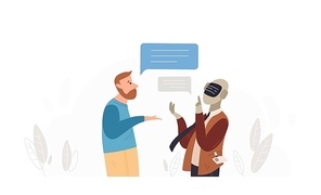 Bearded man speaking to robot isolated on white . Conversation between guy and android. Concept of chatbot, talkbot, smartbot or interactive bot. Flat cartoon colorful vector illustration