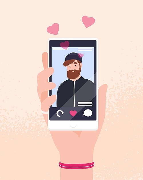 Hand holding smartphone with portrait of bearded man on screen and hearts. Social mobile application for dating, searching for romantic partner, boyfriend. Flat cartoon colorful vector illustration