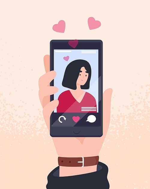 Hand holding cellphone with photo of young attractive woman on screen and hearts. Smartphone app for dating, searching for romantic partner, girlfriend. Flat cartoon colorful vector illustration