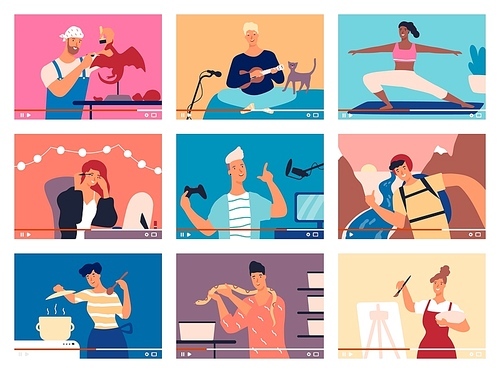 Collection of young men and women demonstrating their skills or teaching through internet. Bundle of video guides, DIY tutorials or webinars. Colorful vector illustration in flat cartoon style